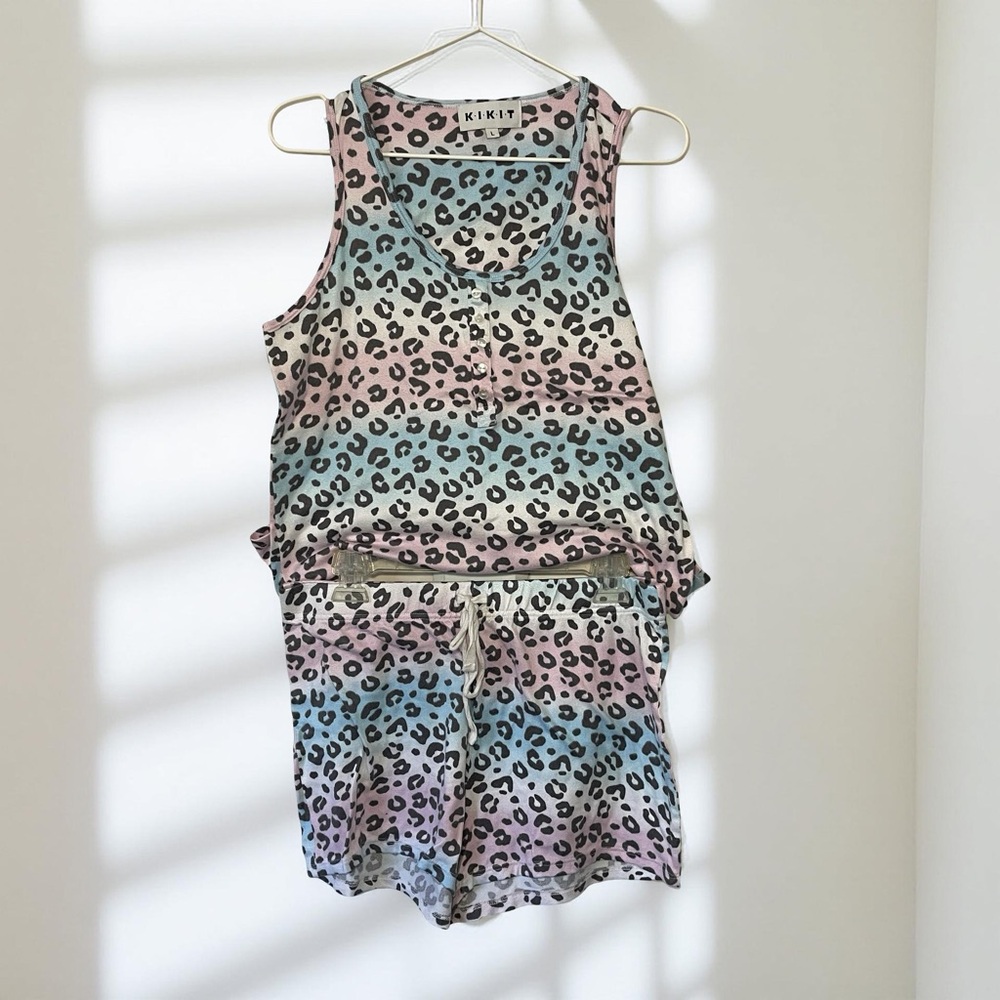 KIKIT Leopard Ombre Pajama Set Pink Blue Size M Cozy Lounge Sleepwear